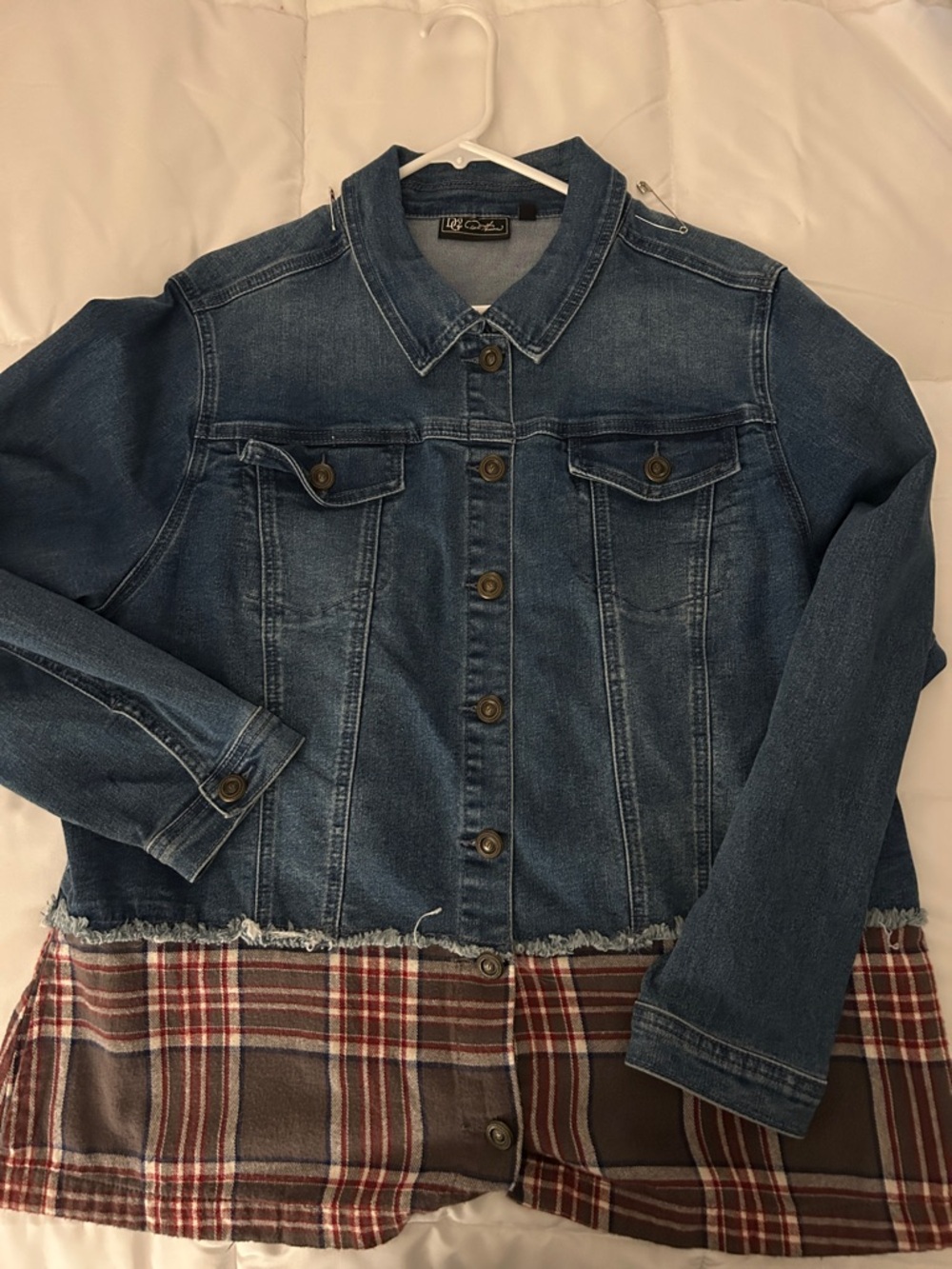 DG2 by Diane Gilman Blue Denim Jacket with Brown Plaid Hem